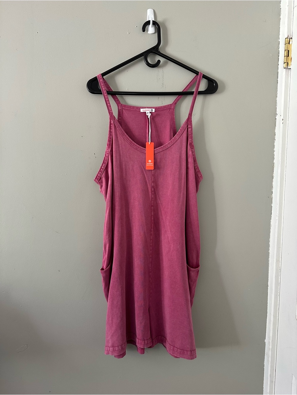 Sundry Pocket Romper Dress in Mineral-Washed Berry Pink